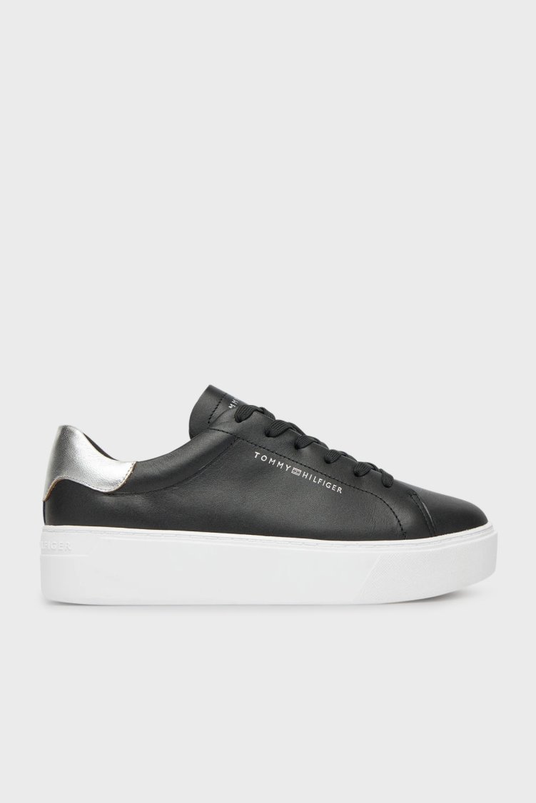 Tommy Hilfiger Deri Logolu Platform Taban Sneaker Kadın Ayakkabı FW0FW08756 BDS SİYAH - Tommy Hilfiger