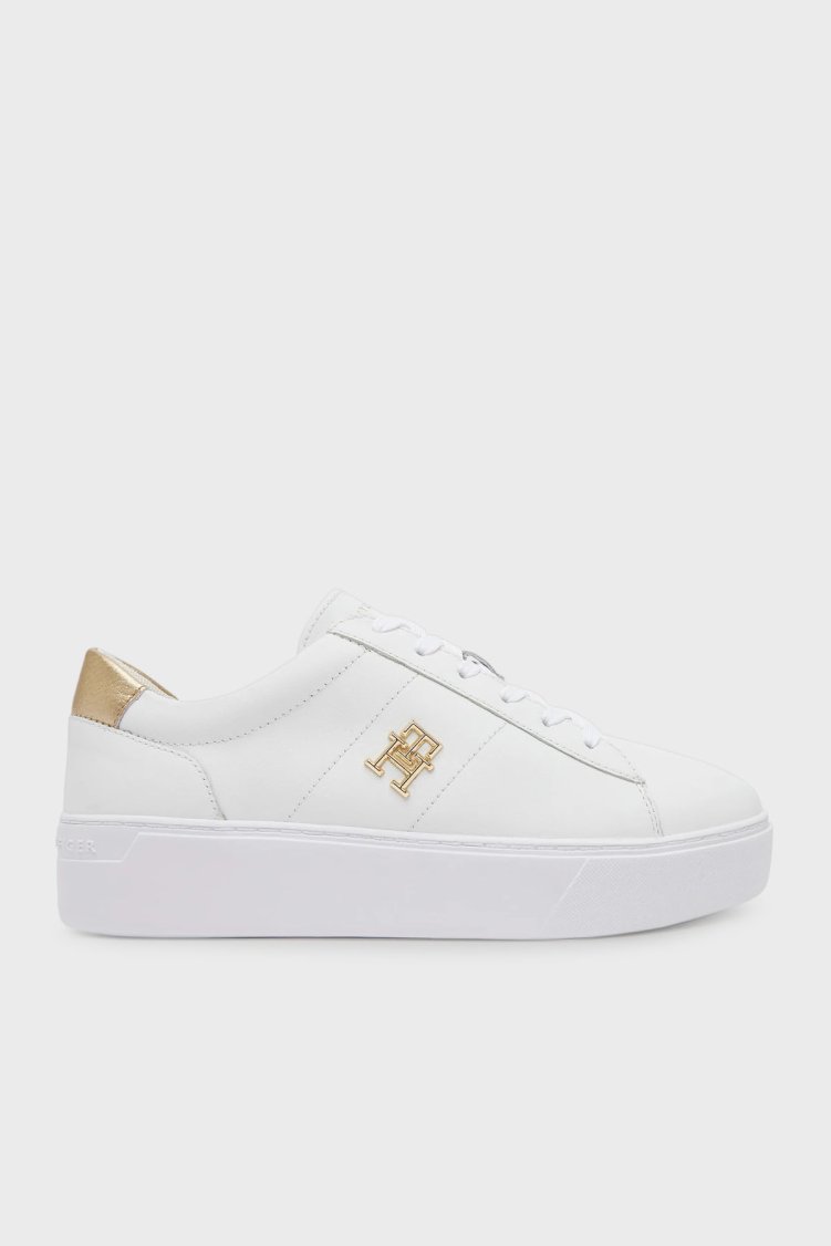Tommy Hilfiger Deri Logolu Sneaker Kadın Ayakkabı FW0FW08648 YBS BEYAZ - Tommy Hilfiger