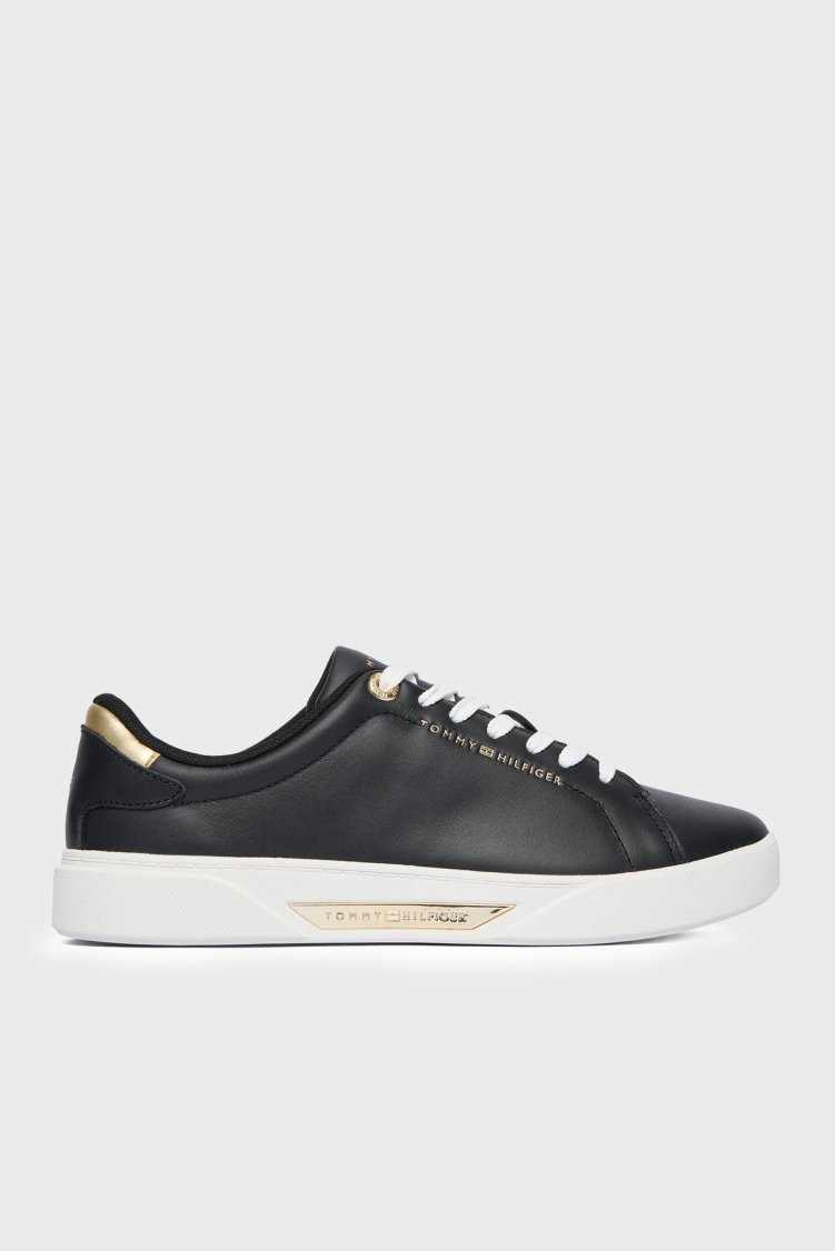 Tommy Hilfiger Deri Logolu Sneaker Kadın Ayakkabı FW0FW09019 BDS SİYAH - Tommy Hilfiger