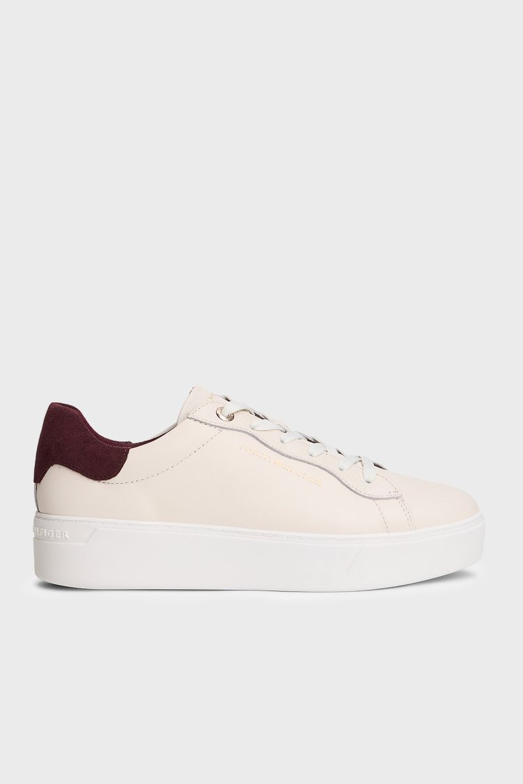 Tommy Hilfiger Deri Logolu Sneaker Kadın Ayakkabı FW0FW09021 0F5 BEJ - Tommy Hilfiger