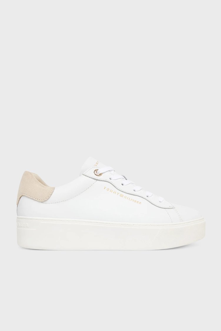 Tommy Hilfiger Deri Logolu Sneaker Kadın Ayakkabı FW0FW09021 0K4 BEYAZ - Tommy Hilfiger