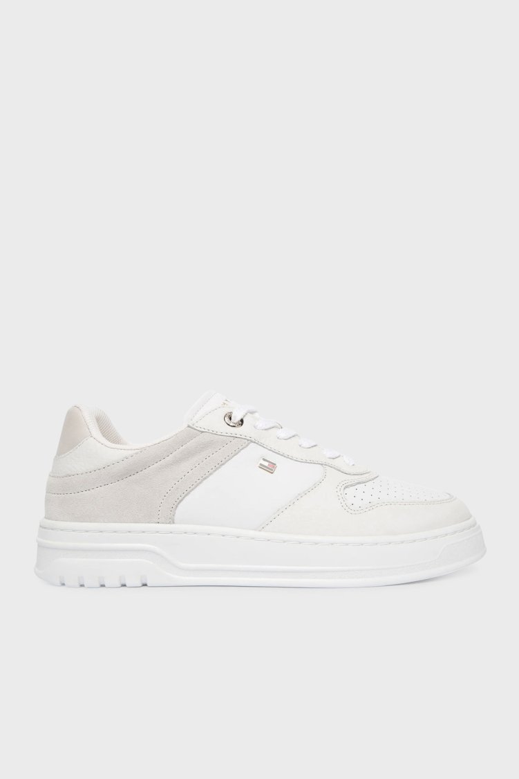 Tommy Hilfiger Deri Logolu Sneaker Kadın Ayakkabı FW0FW09024 0LA BEYAZ-AÇIK GRİ - Tommy Hilfiger