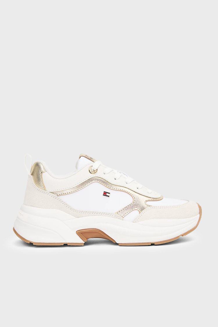 Tommy Hilfiger Deri Logolu Sneaker Kadın Ayakkabı FW0FW09204 0HU BEYAZ-GOLD - Tommy Hilfiger