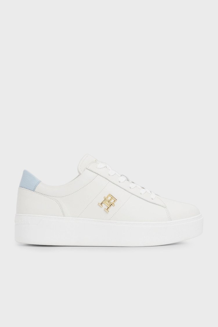 Tommy Hilfiger Deri Platform Sneaker Kadın Ayakkabı FW0FW08464 0LH EKRU-MAVİ - Tommy Hilfiger