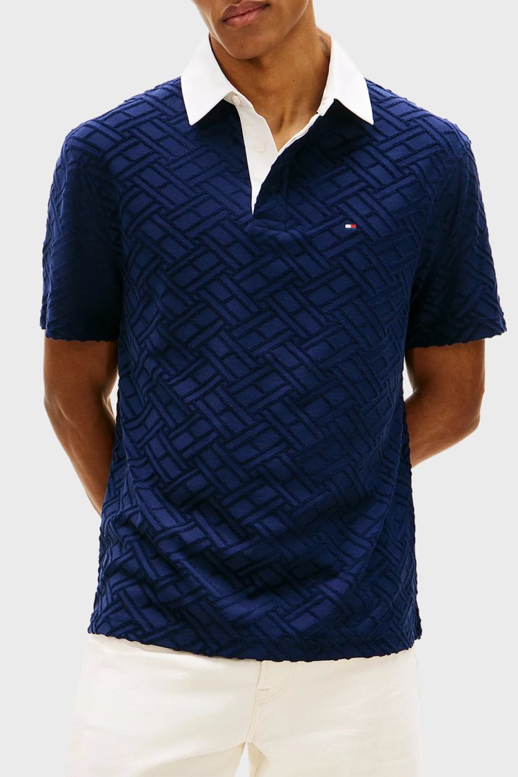 Tommy Hilfiger Jakarlı Pamuklu Regular Fit Kontrast Erkek Polo Yaka T Shirt MW0MW42759 DCC LACİVERT - Tommy Hilfiger