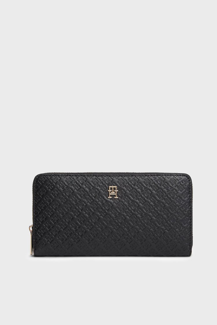 Tommy Hilfiger Kabartma Logolu Fermuarlı Kadın Cüzdan AW0AW18482 BDS SİYAH - Tommy Hilfiger