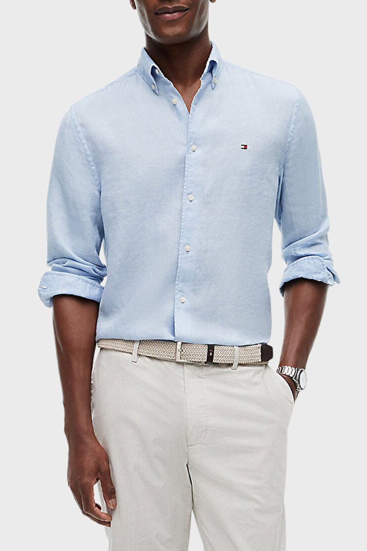 Tommy Hilfiger Keten Regular Fit Uzun Kollu Erkek Gömlek MW0MW41530 C1O AÇIK MAVİ - Tommy Hilfiger