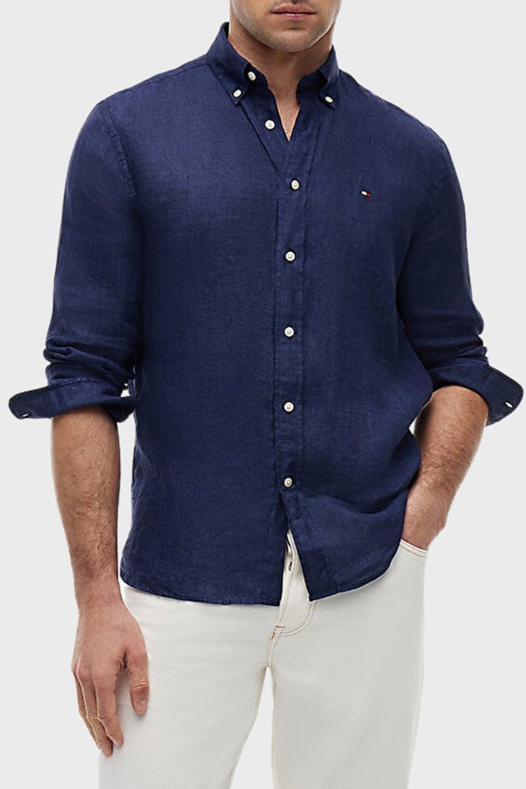 Tommy Hilfiger Keten Regular Fit Uzun Kollu Erkek Gömlek MW0MW41530 DCC LACİVERT - Tommy Hilfiger
