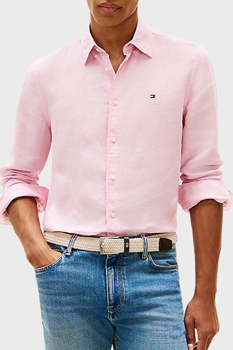 Tommy Hilfiger Keten Regular Fit Uzun Kollu Erkek Gömlek MW0MW41530 TOL PEMBE - Tommy Hilfiger