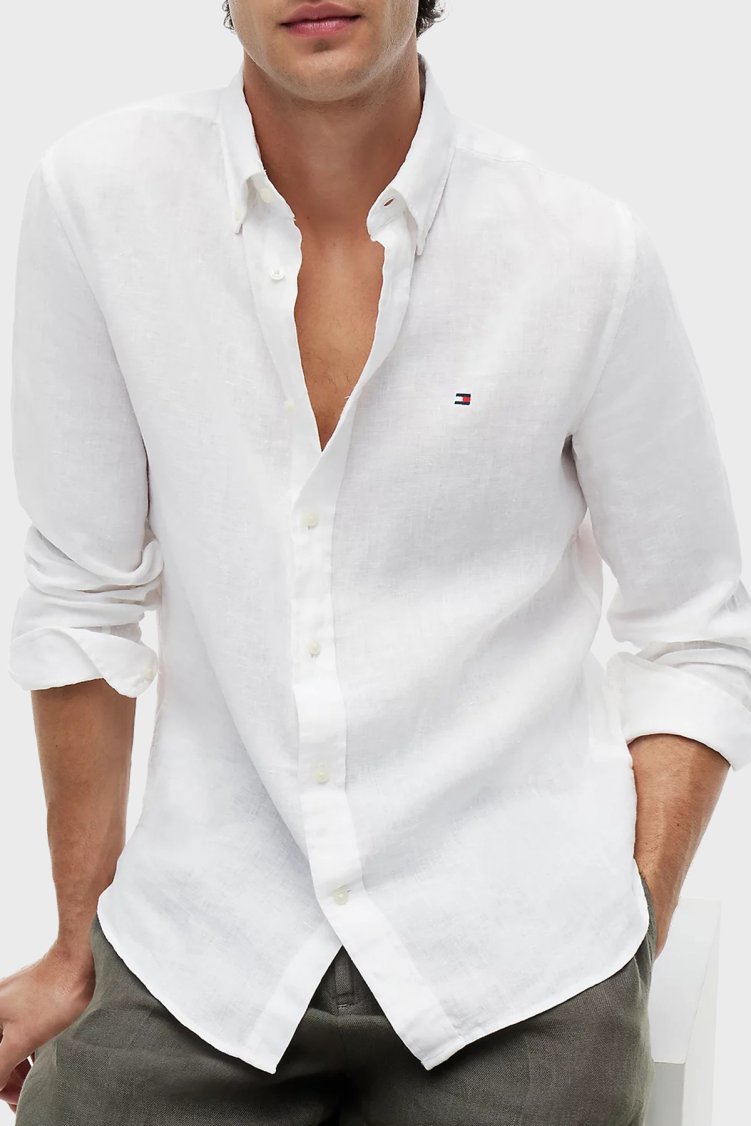 Tommy Hilfiger Keten Regular Fit Uzun Kollu Erkek Gömlek MW0MW41530 YBR BEYAZ - Tommy Hilfiger