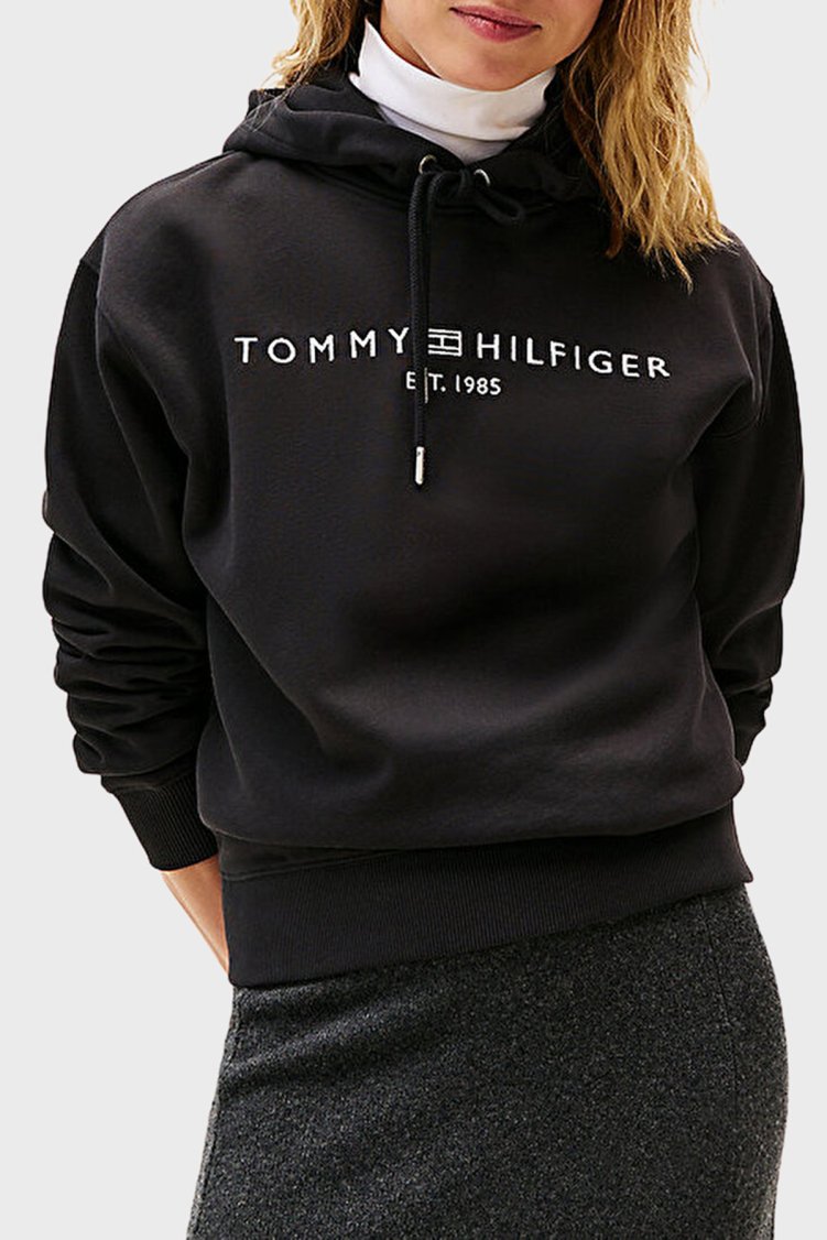 Tommy Hilfiger Logo İşlemeli Regular Fit Kapüşonlu Bayan Sweat WW0WW43598 BDS SİYAH - Tommy Hilfiger