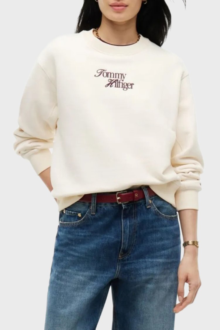 Tommy Hilfiger Logo Nakışlı Pamuklu Bisiklet Yaka Kadın Sweat WW0WW51598 AEF Bej - Tommy Hilfiger