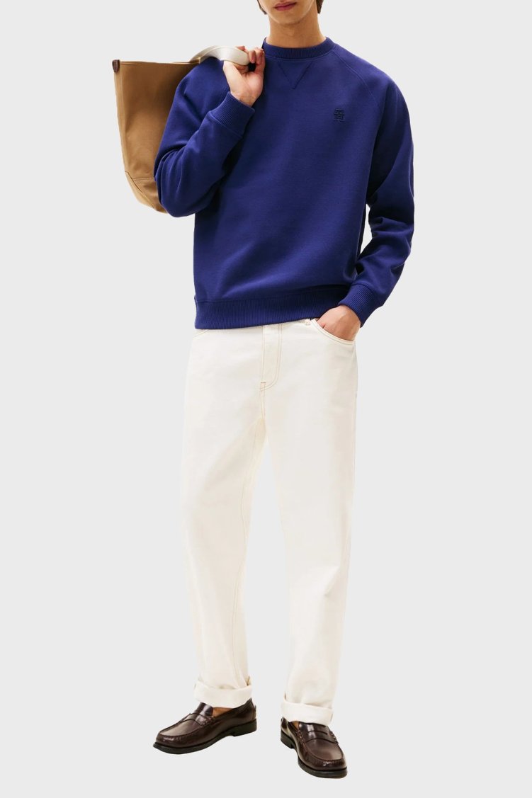 Tommy Hilfiger Logo Nakışlı Streç Pamuklu Regular Fit Bisiklet Yaka Erkek Sweat MW0MW39397 C7G MAVİ - Tommy Hilfiger (1)