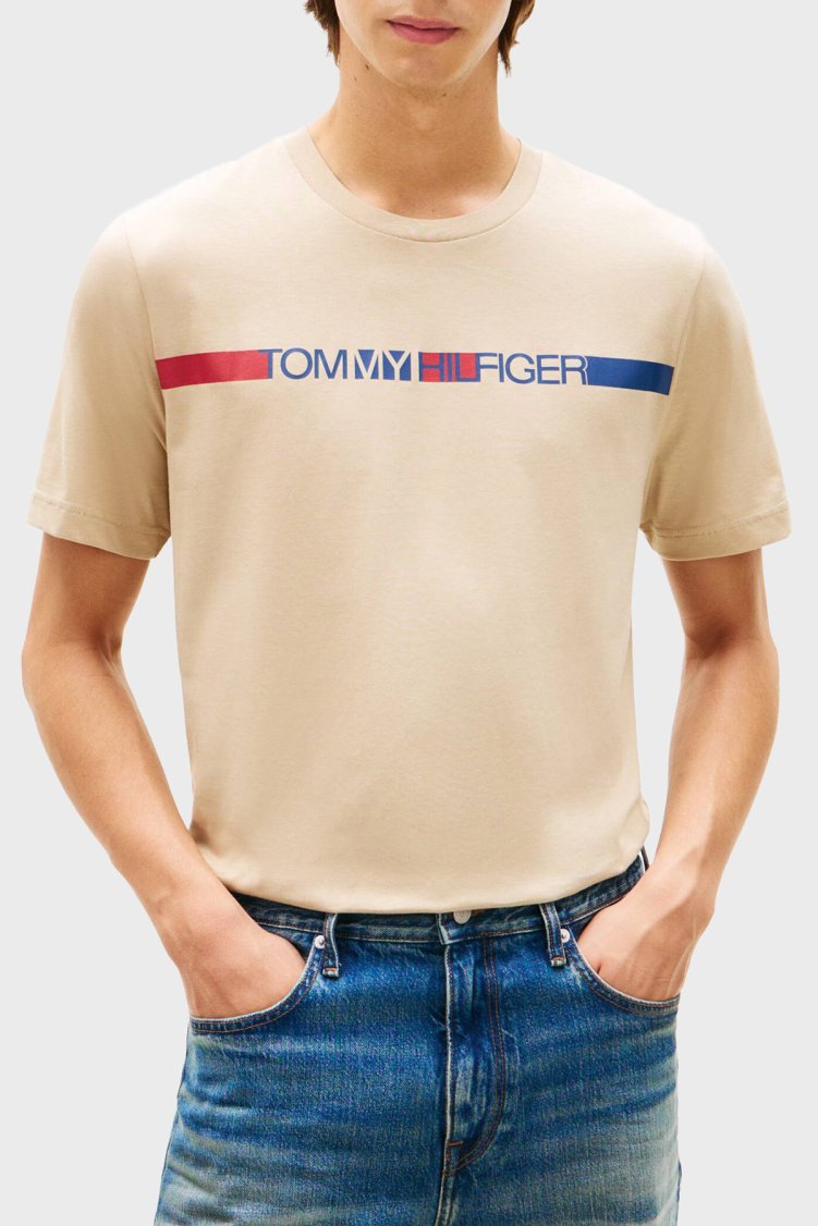 Tommy Hilfiger Logolu % 100 Pamuk Bisiklet Yaka Erkek T Shirt MW0MW42368 RBT KUM - Tommy Hilfiger