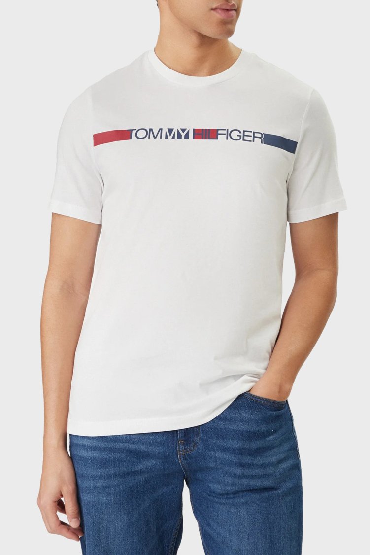 Tommy Hilfiger Logolu % 100 Pamuk Bisiklet Yaka Erkek T Shirt MW0MW42368 YBR BEYAZ - Tommy Hilfiger