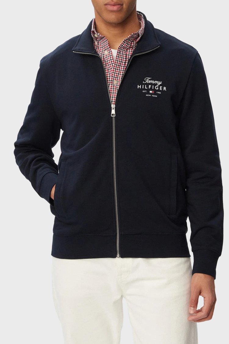 Tommy Hilfiger Logolu % 100 Pamuk Dik Yaka Fermuarlı Erkek Sweat MW0MW43219 DW5 Lacivert - Tommy Hilfiger