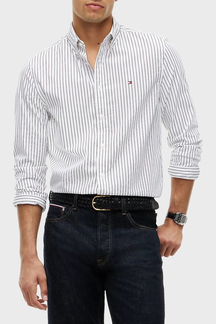 Tommy Hilfiger Logolu % 100 Pamuk Düğmeli Erkek Gömlek MW0MW44571 0FA Beyaz - Tommy Hilfiger