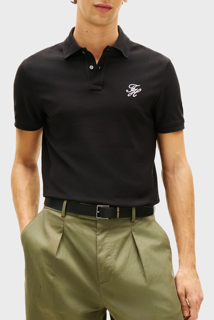 Tommy Hilfiger Logolu % 100 Pamuk Düğmeli Erkek Polo Yaka T Shirt MW0MW43046 BDS SİYAH - Tommy Hilfiger