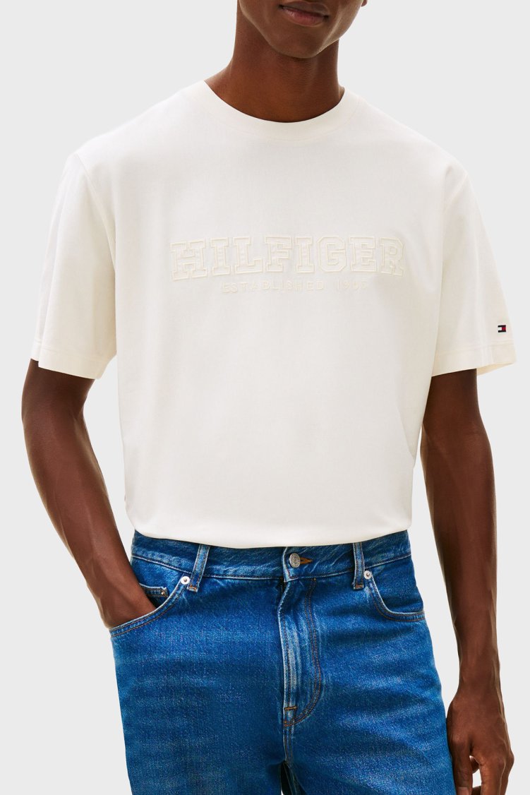 Tommy Hilfiger Logolu % 100 Pamuk Regular Fit Bisiklet Yaka Erkek T Shirt MW0MW41766 Z00 Açık bej - Tommy Hilfiger