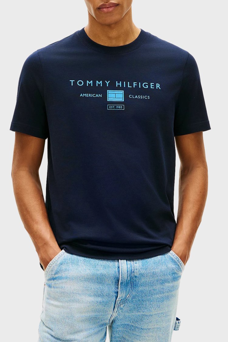 Tommy Hilfiger Logolu % 100 Pamuk Regular Fit Bisiklet Yaka Erkek T Shirt MW0MW42365 DW5 LACİVERT - Tommy Hilfiger
