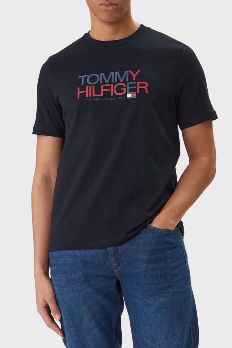 Tommy Hilfiger Logolu % 100 Pamuk Regular Fit Bisiklet Yaka Erkek T Shirt MW0MW42369 DW5 LACİVERT - Tommy Hilfiger