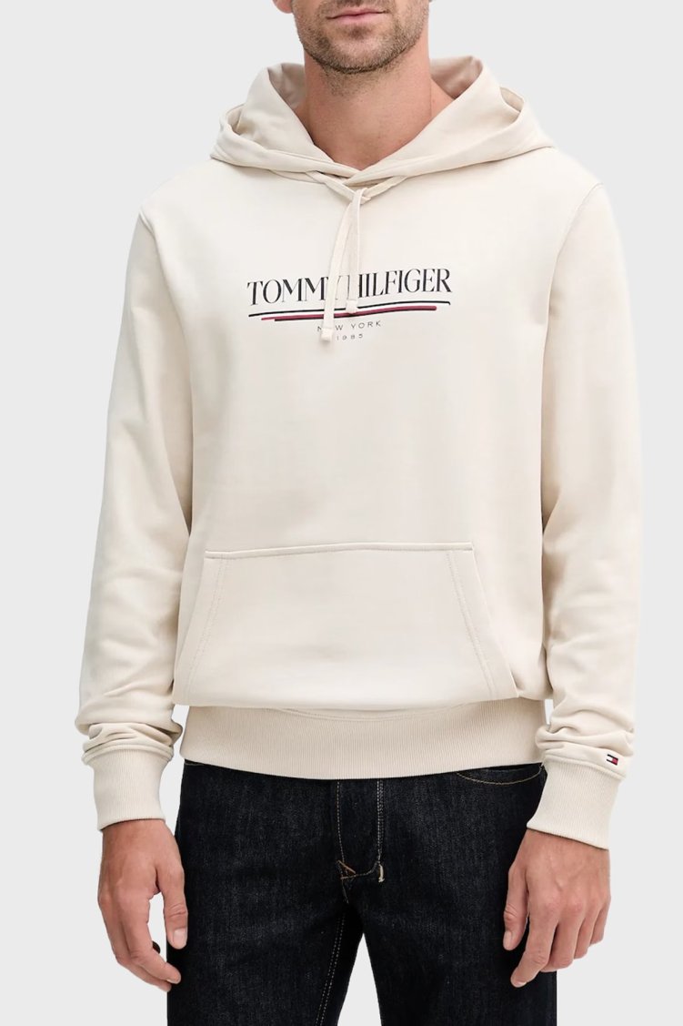 Tommy Hilfiger Logolu % 100 Pamuk Relaxed Fit Kapüşonlu Kanguru Cepli Erkek Sweat MW0MW40534 ACG BEJ - Tommy Hilfiger