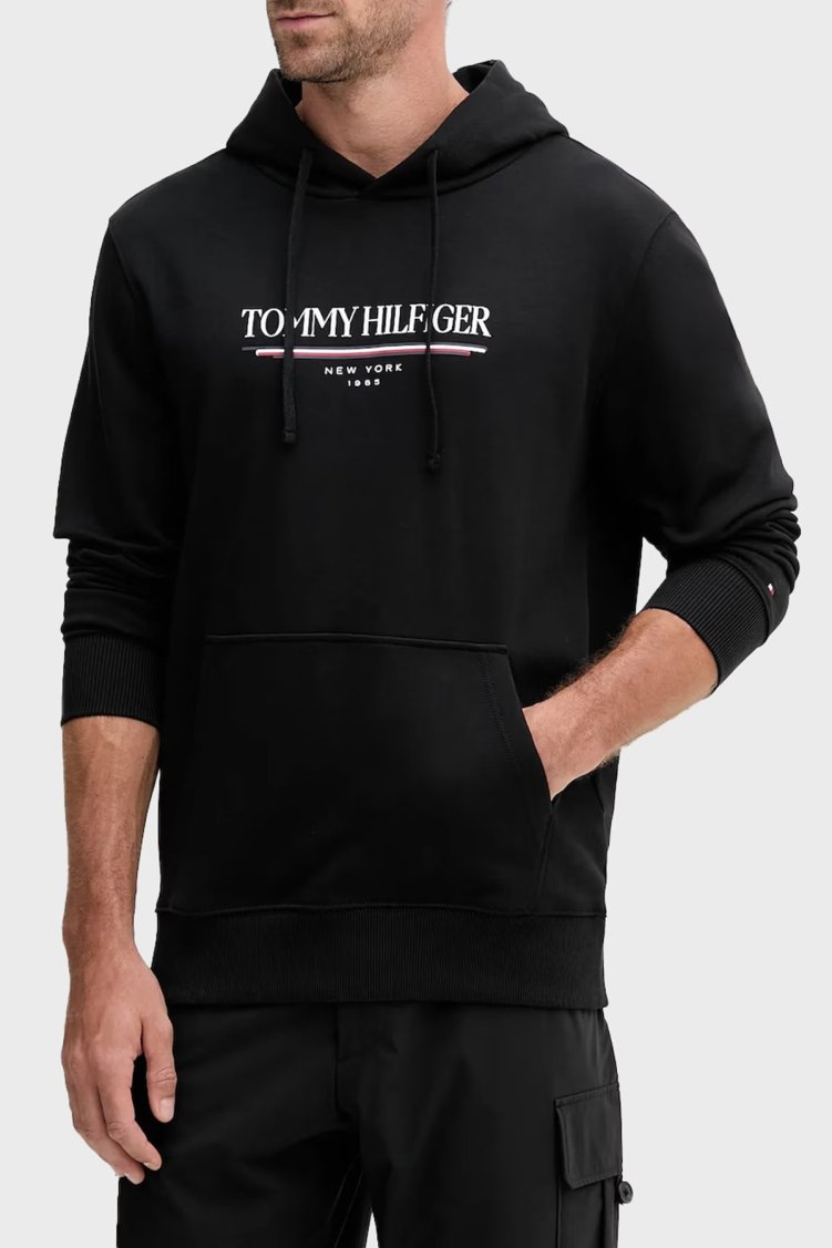 Tommy Hilfiger Logolu % 100 Pamuk Relaxed Fit Kapüşonlu Kanguru Cepli Erkek Sweat MW0MW40534 BDS SİYAH - Tommy Hilfiger
