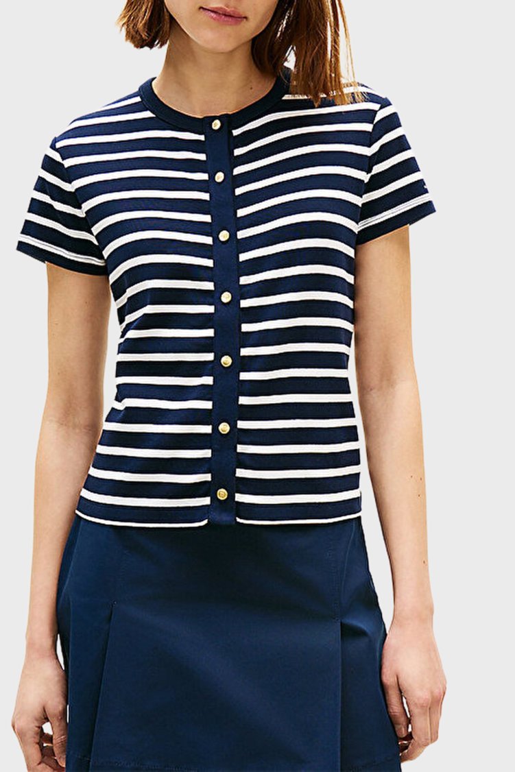 Tommy Hilfiger Logolu % 100 Pamuk Slim Fit Düğme Detaylı Bayan T Shirt WW0WW48709 0X3 LACİVERT-BEYAZ - Tommy Hilfiger