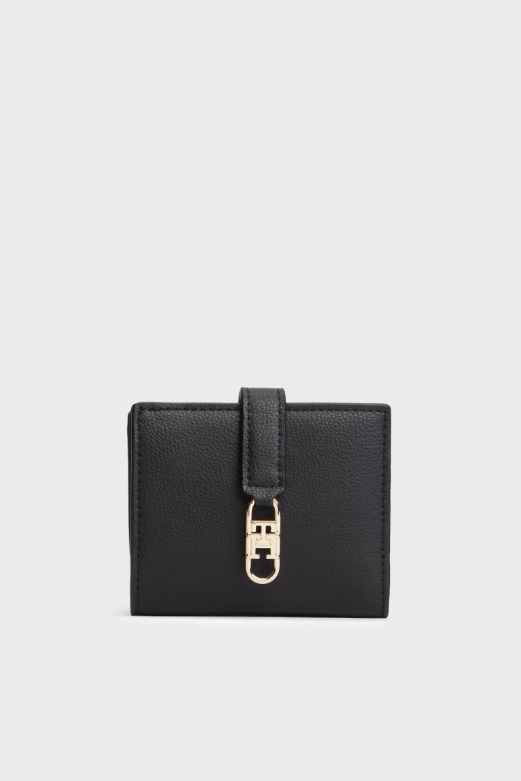 Tommy Hilfiger Logolu Çıtçıtlı ve Fermuarlı Kadın Cüzdan AW0AW18934 BDS Siyah - Tommy Hilfiger