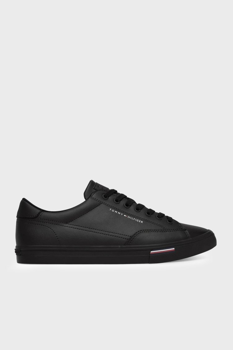 Tommy Hilfiger Logolu Deri Karışımlı Sneaker Erkek Ayakkabı FM0FM05814 BDS SİYAH - Tommy Hilfiger