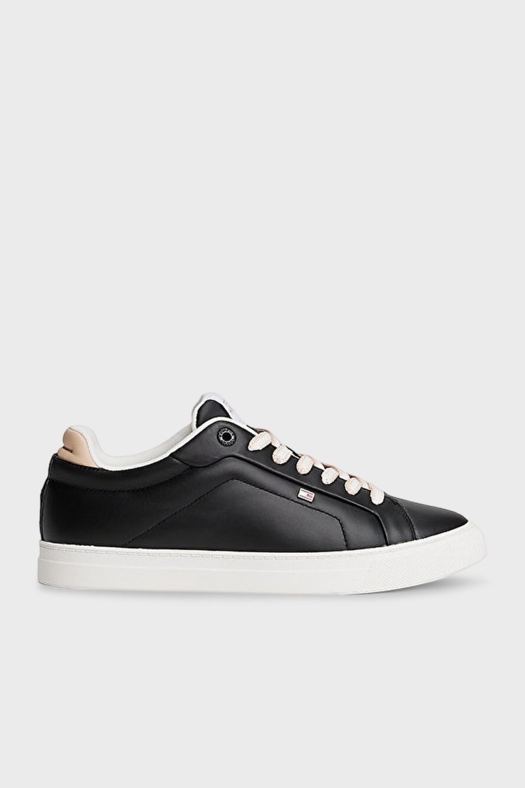 Tommy Hilfiger Logolu Deri Sneaker Kadın Ayakkabı FW0FW08815 BDS SİYAH - Tommy Hilfiger