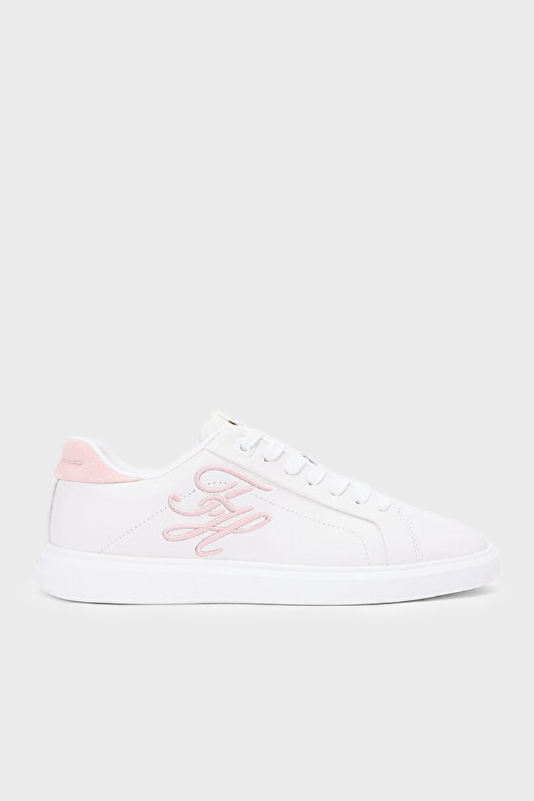 Tommy Hilfiger Logolu Deri Sneaker Kadın Ayakkabı FW0FW09363 02Y BEYAZ-PEMBE - Tommy Hilfiger
