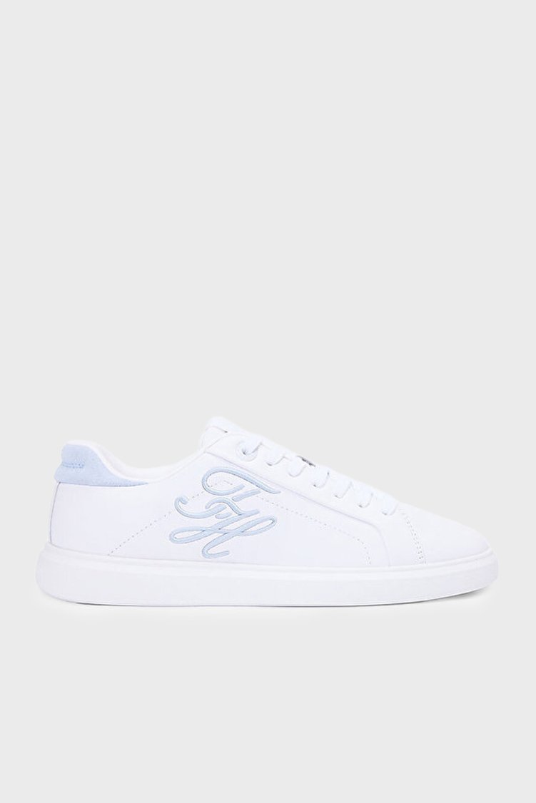 Tommy Hilfiger Logolu Deri Sneaker Kadın Ayakkabı FW0FW09363 0GE BEYAZ-MAVİ - Tommy Hilfiger