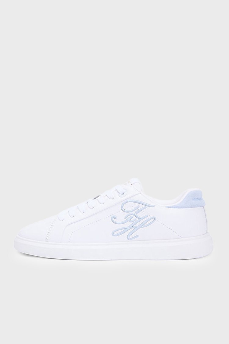 Tommy Hilfiger Logolu Deri Sneaker Kadın Ayakkabı FW0FW09363 0GE BEYAZ-MAVİ - Tommy Hilfiger (1)