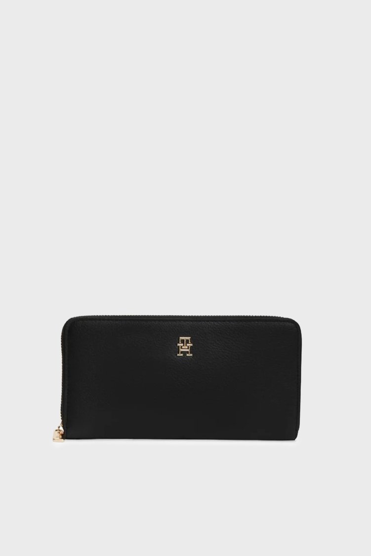 Tommy Hilfiger Logolu Fermuarlı Kadın Cüzdan AW0AW18483 BDS Siyah - Tommy Hilfiger