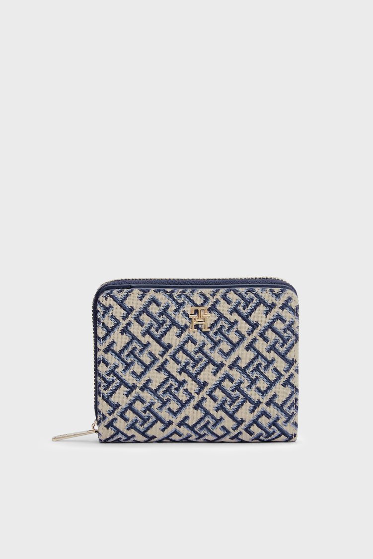 Tommy Hilfiger Logolu Fermuarlı Kadın Cüzdan AW0AW18759 0GY Bej-mavi - Tommy Hilfiger
