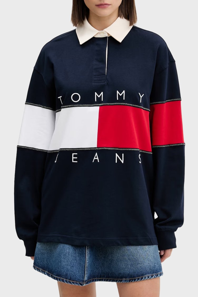 Tommy Hilfiger Logolu Pamuklu Oversize Polo Yaka Kadın Sweat DW0DW22827 C1G Lacivert - Tommy Jeans