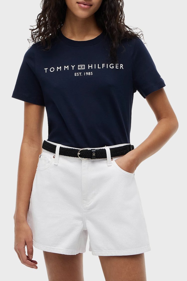 Tommy Hilfiger Logolu Pamuklu Regular Fit Bisiklet Yaka Kadın T Shirt WW0WW40276 C1G LACİVERT - Tommy Hilfiger