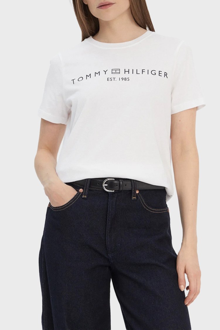 Tommy Hilfiger Logolu Pamuklu Regular Fit Bisiklet Yaka Bayan T Shirt WW0WW40276 YCF BEYAZ - Tommy Hilfiger