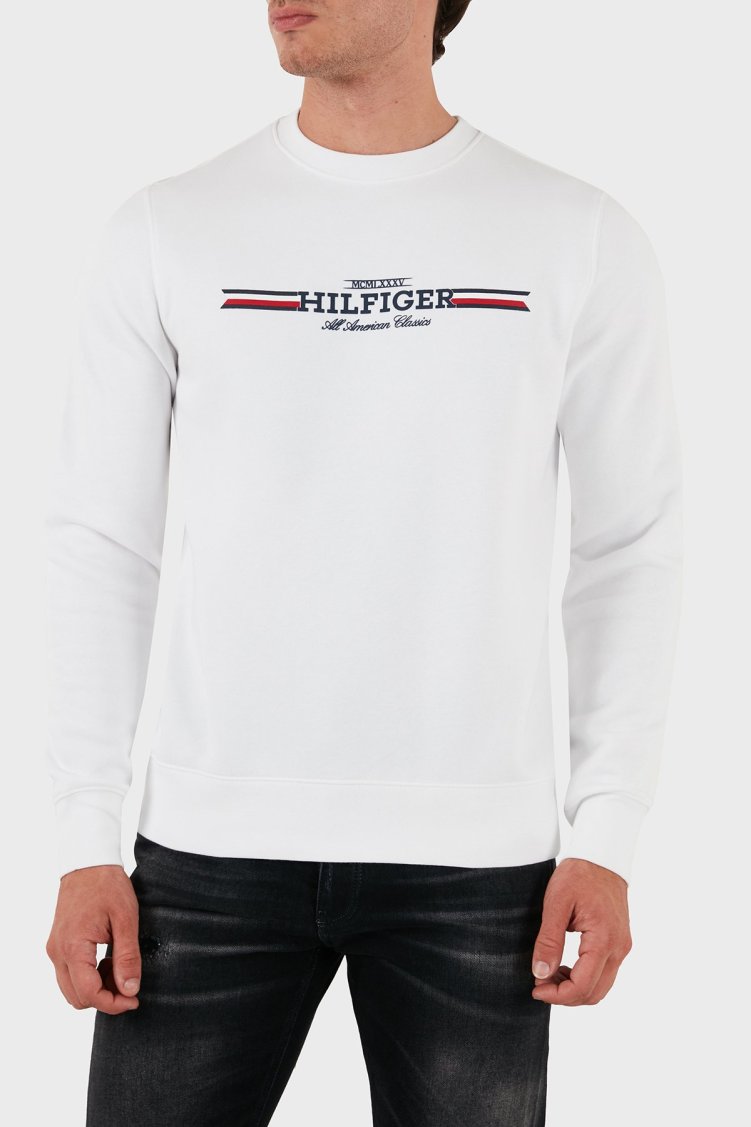Tommy Hilfiger Logolu Pamuklu Regular Fit Bisiklet Yaka Erkek Sweat MW0MW35530 YBR BEYAZ - Tommy Hilfiger