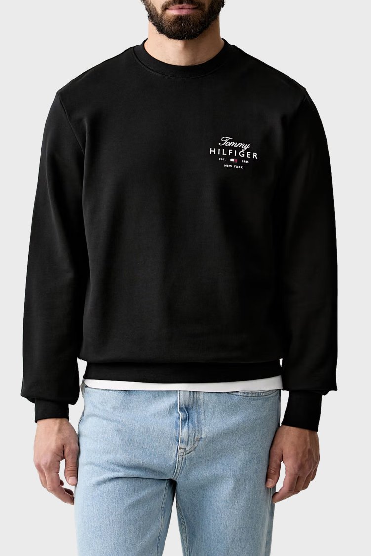 Tommy Hilfiger Logolu Pamuklu Regular Fit Bisiklet Yaka Erkek Sweat MW0MW43218 BDS Siyah - Tommy Hilfiger