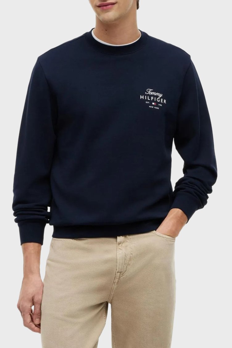 Tommy Hilfiger Logolu Pamuklu Regular Fit Bisiklet Yaka Erkek Sweat MW0MW43218 DW5 Lacivert - Tommy Hilfiger