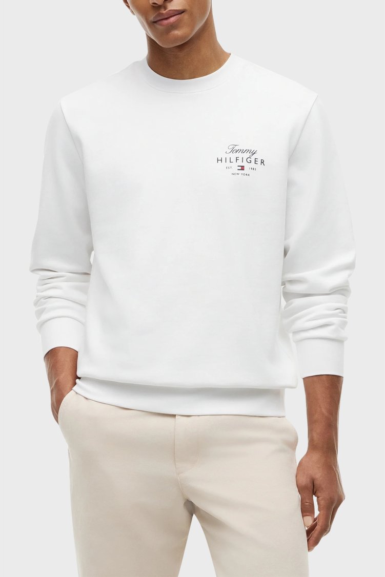 Tommy Hilfiger Logolu Pamuklu Regular Fit Bisiklet Yaka Erkek Sweat MW0MW43218 YBR Beyaz - Tommy Hilfiger