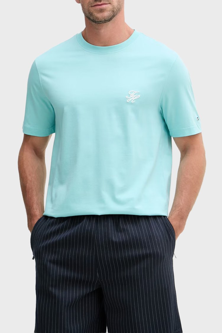 Tommy Hilfiger Logolu Pamuklu Regular Fit Bisiklet Yaka Erkek T Shirt MW0MW43066 CSR AQUA - Tommy Hilfiger