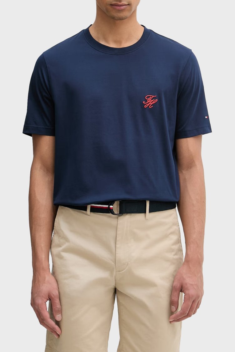 Tommy Hilfiger Logolu Pamuklu Regular Fit Bisiklet Yaka Erkek T Shirt MW0MW43066 DCC LACİVERT - Tommy Hilfiger