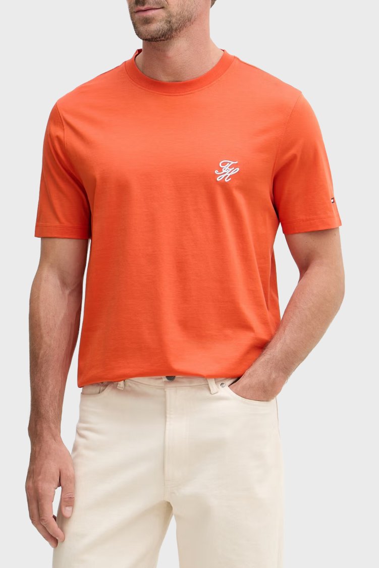 Tommy Hilfiger Logolu Pamuklu Regular Fit Bisiklet Yaka Erkek T Shirt MW0MW43066 SCX ORANGE - Tommy Hilfiger
