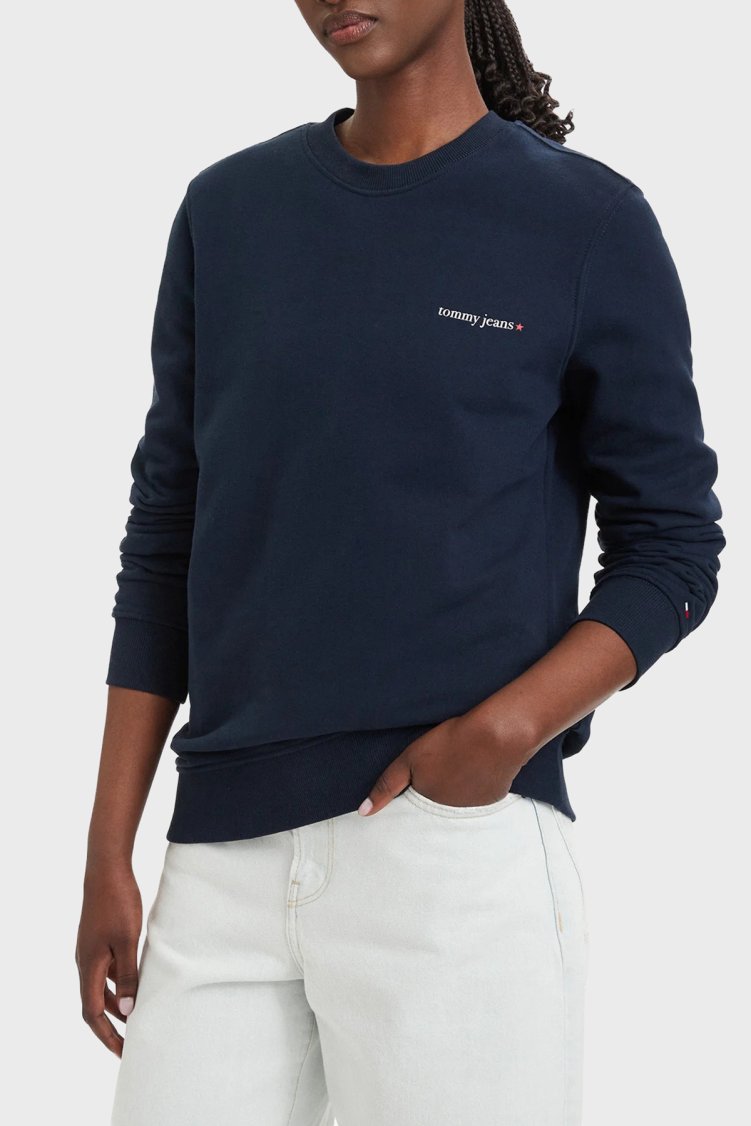 Tommy Hilfiger Logolu Pamuklu Regular Fit Bisiklet Yaka Kadın Sweat DW0DW22829 C1G Lacivert - Tommy Jeans