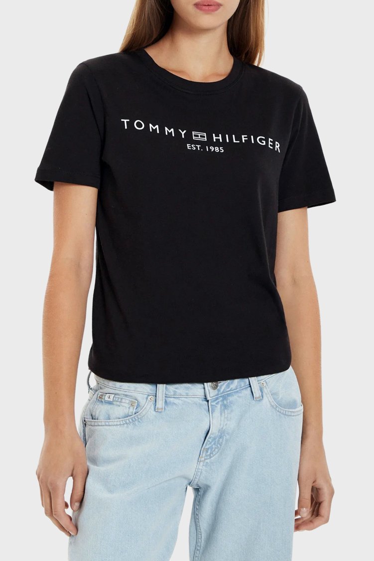 Tommy Hilfiger Logolu Pamuklu Regular Fit Bisiklet Yaka Kadın T Shirt WW0WW40276 BDS Siyah - Tommy Hilfiger