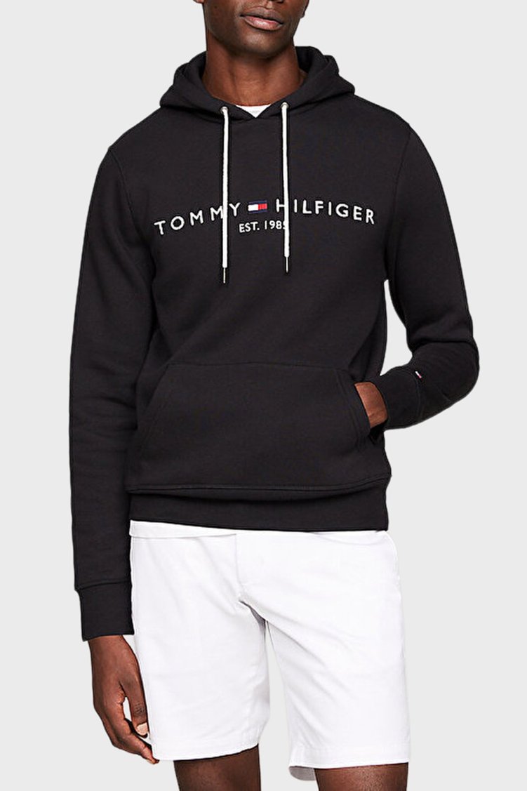 Tommy Hilfiger Logolu Pamuklu Regular Fit Kapüşonlu Erkek Sweat MW0MW10752 BAS SİYAH - Tommy Hilfiger