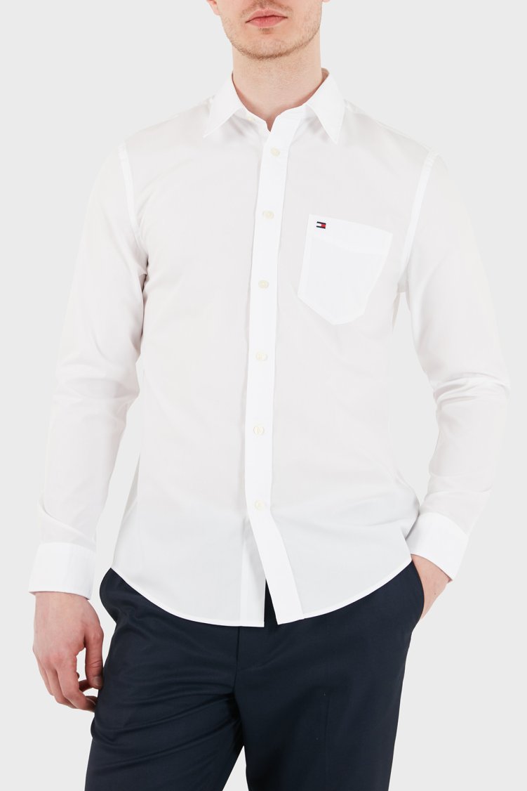 Tommy Hilfiger Logolu Pamuklu Slim Fit Klasik Yaka Uzun Kollu Erkek Gömlek MW0MW41697 YBR BEYAZ - Tommy Hilfiger